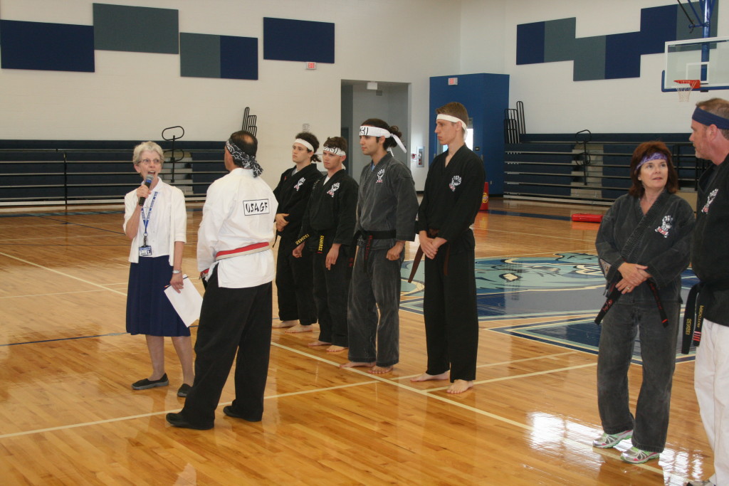 Sister Donze, Principal of Our Lady of Lourdes Academy greets Sensei David and the members of the FOX DOJO